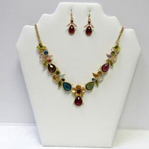 Gold Plated Multicolor Flower Floral Necklace Earrings Jewelry Set